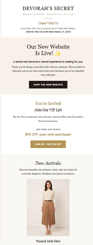 New boutique launch — Earlier layout of the same launch email