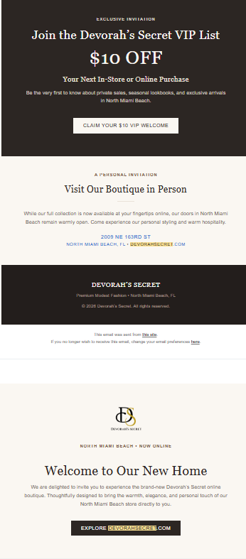 New boutique launch — VIP list invitation, $10 welcome and boutique visit