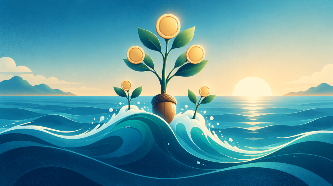 An acorn sprouting into a young tree with coin leaves, growing from an ocean wave beside two smaller seedlings.
