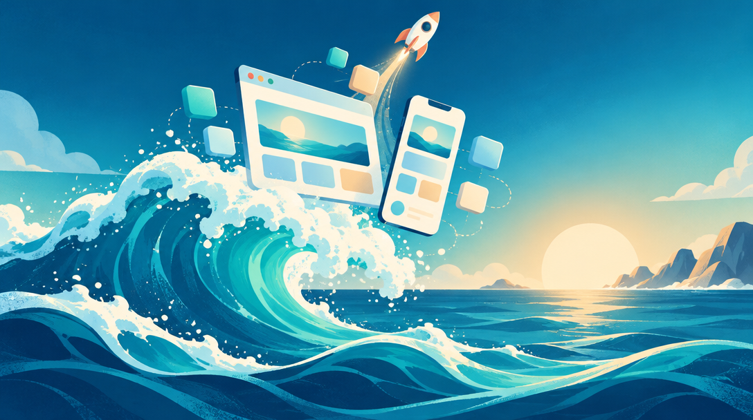 A bright wave lifting a website window, a phone screen and app tiles out of sea foam.