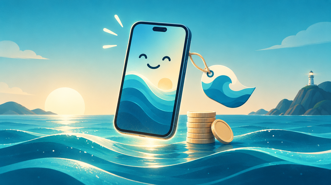 A smiling phone floating above ocean waves with a blank price tag and a stack of coins.