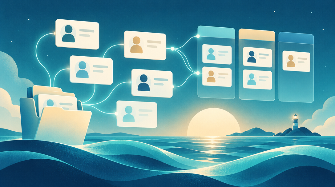 A file folder and contact cards connected by glowing lines above calm ocean waves.