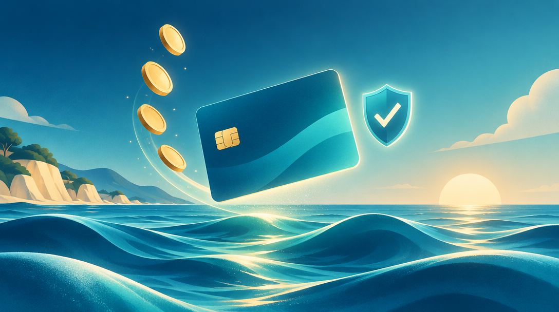 A payment card, drifting coins and a protective checkmark shield above ocean waves.